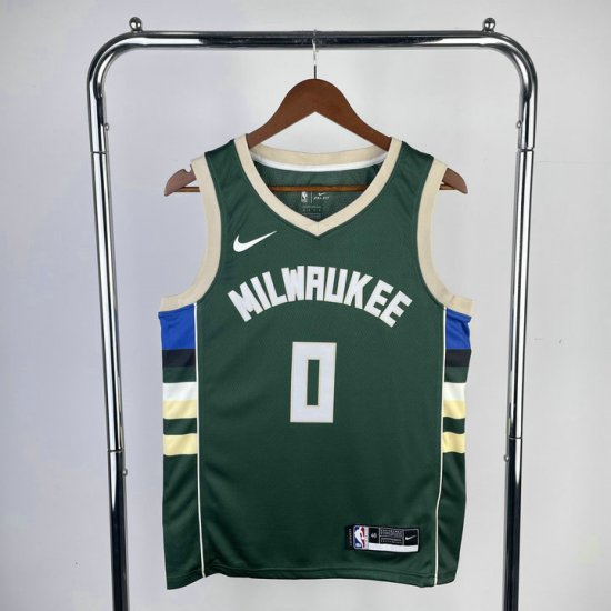 Maillot de Basket #0 Lillard Milwaukee Bucks Vert Imprimé